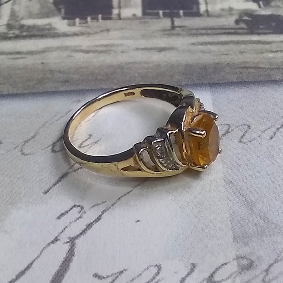 Solid 10KT Gold Yellow Citrine & Diamonds Ring Sz 7 - Picture 5 of 11